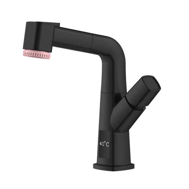 Torneira para lavatório com visor de temperatura preto fosco retrátil para banheiro
